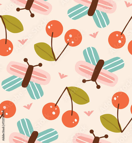 Butterfly and cherry seamless pattern for children's textiles and decor