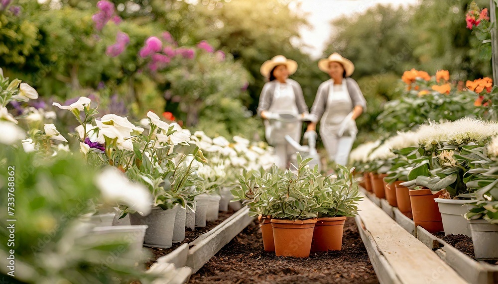 Naklejka premium Donice z kwitnącymi kwiatami stojące w ogrodzie, w tle kobiety pracujące w ogrodzie