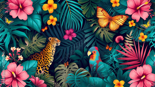 Tropical exotic pattern with leopard animal and flowers in bright colors and lush vegetation photo