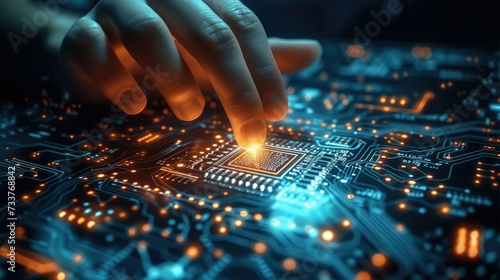 Science and artificial intelligence technology. Artificial intelligence AI circuit board in shape electronic circuit icon symbol on businessman hand finger touching with neon lighting. Generative AI.