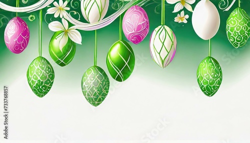 Wielkanocne zielone tło z wiszącymi pisankami i kwiatami