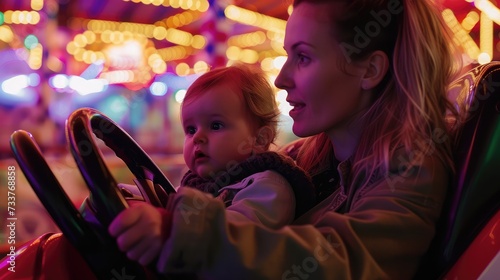 Mother and baby pay drive dodgem together in the theme-park. photo