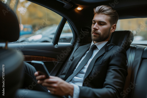 a man in a suit in a luxury car with a smartphone in his hands © Anastasiia Trembach