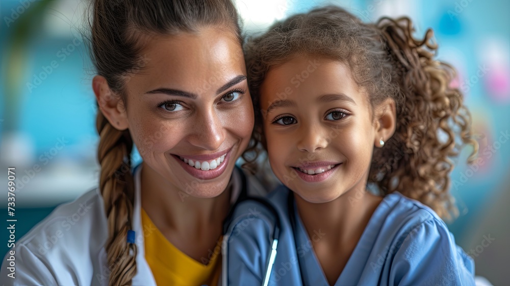 A joyful pediatric nurse and her young patient share a smile in a bright and friendly hospital setting. A joyful pediatric nurse and her young patient share a smile in a bright and friendly hospital setting.