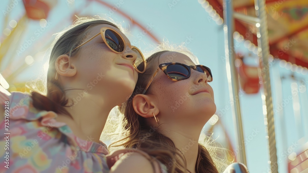 Two affectionate girls in sunglasses looking at one of amusements while spending time in theme park on summer weekend Two affectionate girls in sunglasses looking at one of amusements while spending time in theme park on summer weekend