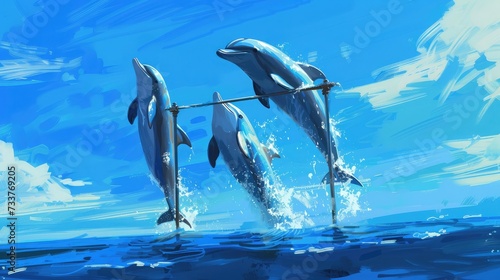 trio of dolphins leaping over a pole held by a trainer