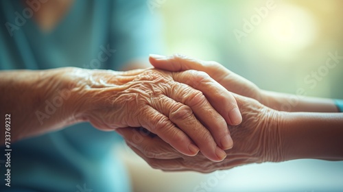 A close-up of a reassuring healthcare worker's hand clasping a patient's hand, symbolizing care and comfort in a medical setting. photo