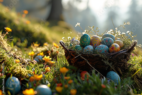 Basket with coloured eggs on the Green Spring Meadow. AI generative.