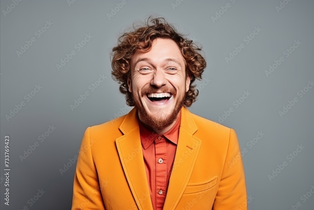 Portrait of a funny young man with curly hair laughing over grey background. Portrait of a funny young man with curly hair laughing over grey background.