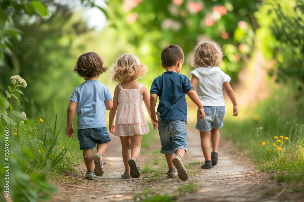 group of children walking in park group of children walking in park
