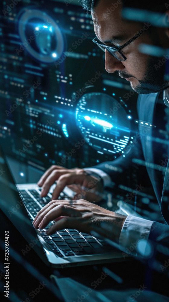 © Art AI Gallery - Close up of businessman hands typing on laptop keyboard in dark office with double exposure of padlock and binary code. Concept of cyber security.