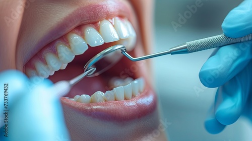 Close-up of a dental examination with a patient smiling while a dentist performs a check-up in the clinic. photo