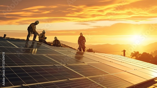 men workers in protective gear on the roof of a house during sunset, installing a solar panel system.