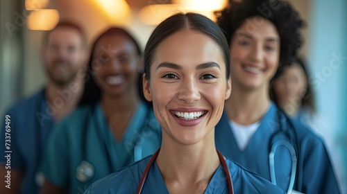 A confident and smiling female medical professional wearing a stethoscope, representing trust and expertise in the healthcare industry.