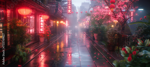 Misty night in a city with cyberpunk aesthetics, neon signs, wet pavement reflecting lights, perspective leading to a distant focal point amidst modern and traditional architecture.