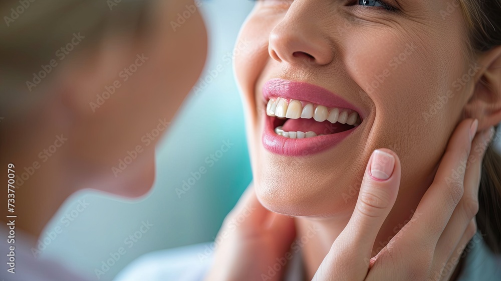 Obraz premium Close-up of a dental examination with a patient smiling while a dentist performs a check-up in the clinic.