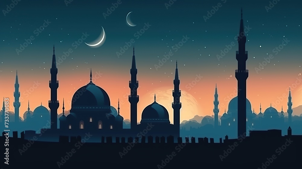 Islamic background, ramadan. Mosque silhouette in bright night sky with moon and star