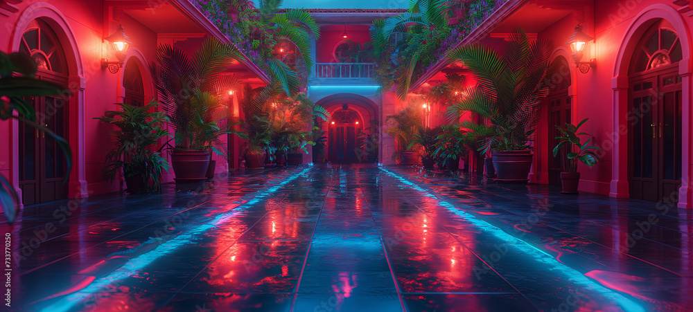 Vibrant corridor in neon lights, reflecting on glossy floor, creating a mesmerizing cyberpunk aesthetic. Lush greenery and arches add an enigmatic touch.