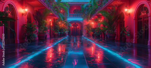Vibrant corridor in neon lights, reflecting on glossy floor, creating a mesmerizing cyberpunk aesthetic. Lush greenery and arches add an enigmatic touch.