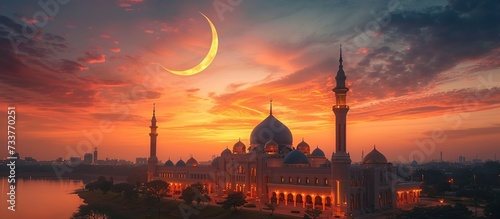 Islamic background with mosque and crescent moon, for celebration of the holy month of Ramadhan and Idhul Fitr holiday