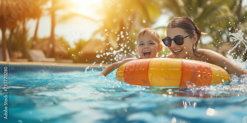 Mother and child playing in swimming pool with colorful floating toy. Little child having fun on family summer vacation in tropical resort. Beach and water toys. photo