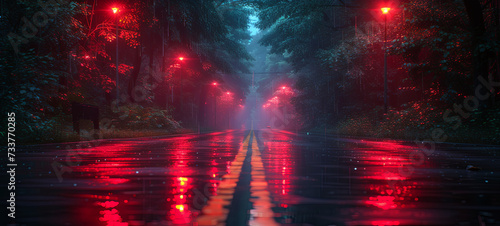 A neon-lit  wet road at night reflects the surrounding dark forest  creating a cyberpunk aesthetic. Perspective lines lead into the misty distance.