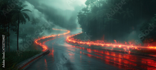 A mesmerizing cyberpunk aesthetic of a winding road, illuminated by neon lights under a rainy night amidst a lush forest.