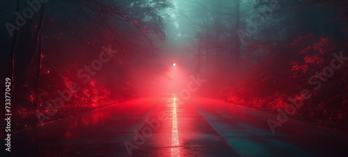 A mystic road bathed in intense red neon light, surrounded by dark trees, evoking a cyberpunk aesthetic. The perspective leads to a bright light source at night.