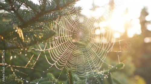 Delicate Morning Dew on Garden Spider Web AI Generated.