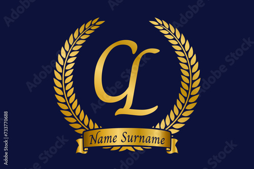 Initial letter C and L, CL monogram logo design with laurel wreath. Luxury golden calligraphy font.