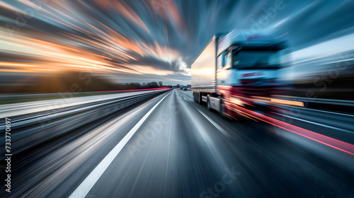 a sleek, modern truck speeding down the autobahn, captured with a motion blur effect to accentuate its high velocity