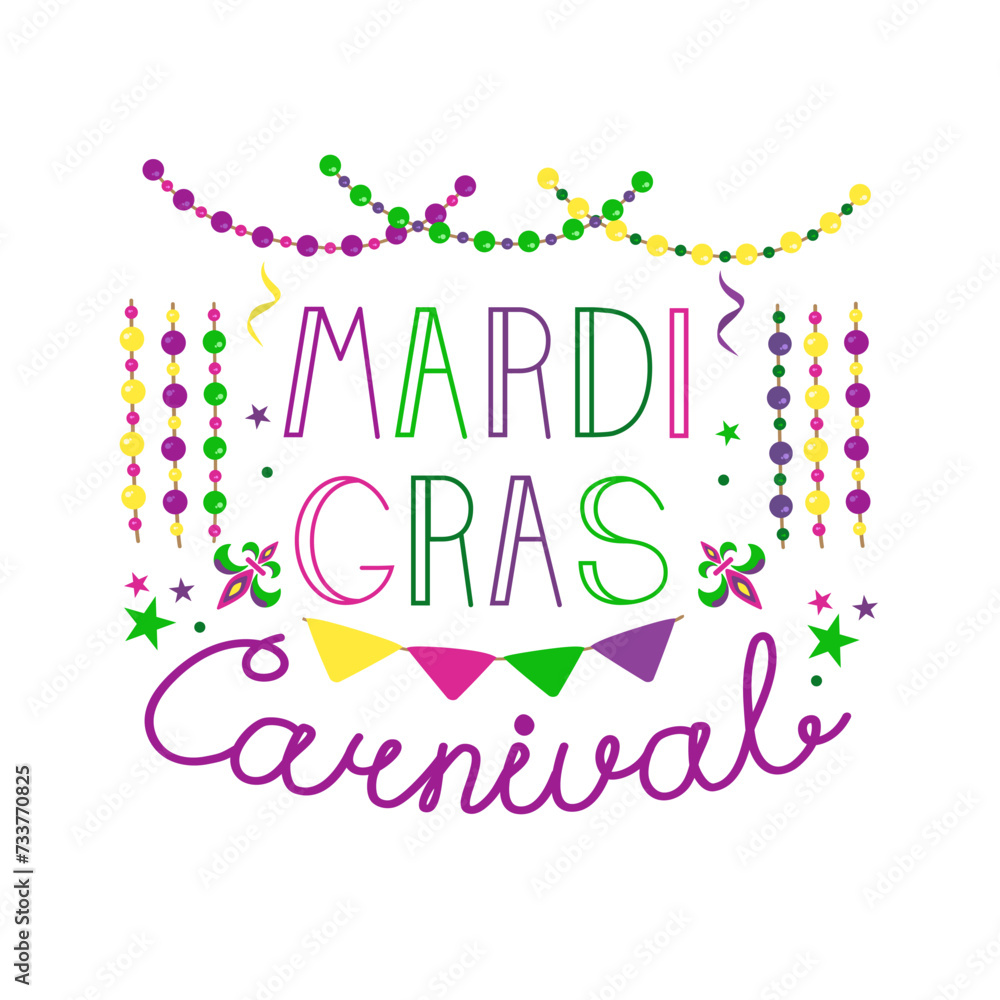 Vector color lettering for Mardi Gras carnival.Mardi gras party design. Collection of french traditional mardi gras symbols.