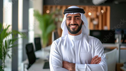 Portrait of smiling arabic businessman with arms crossed in office photo