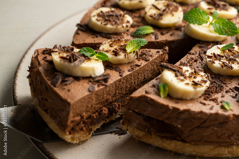 Delicious and fluffy chocolate mousse cake with banana and orange aroma. Delicious and fluffy chocolate mousse cake with banana and orange aroma.