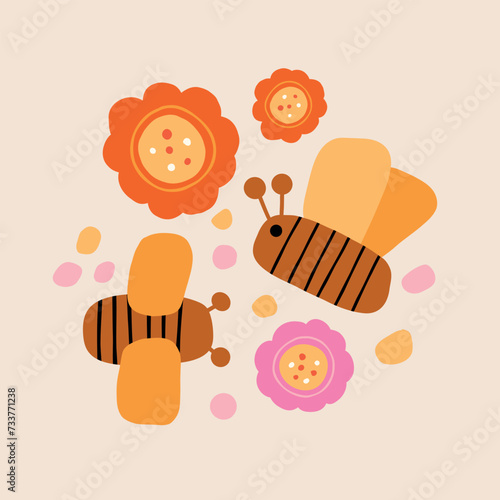 Vector illustration with bees and flowers in a modern style. Perfect for deco...
