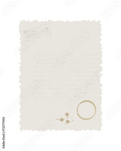 Vintage blank card with coffee stain and trace of old Lorem Ipsum text and postage stamp. Digital scrapbooking element.