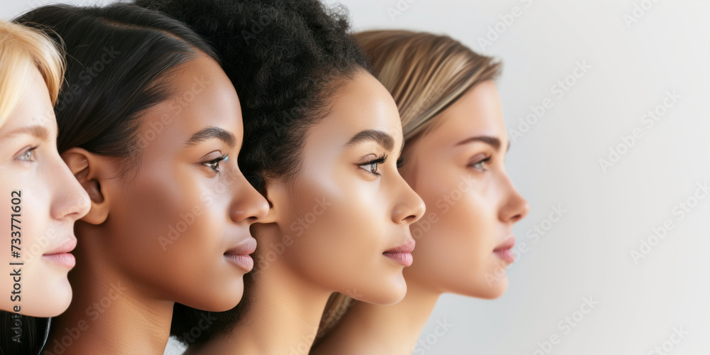 Profiles of four beautiful women with different skin tones, on plain solid background. Diversity, multi-ethnic beauty concept.