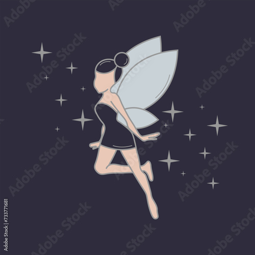 Сelestial fantasy character, shimmering fairy for kids in y2k cartoon style. Silhouette of a beautiful flying sprite. Deep blue nighttime fairy. Magic, fantasy, hand-drawn, isolated