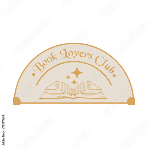 Book lovers club – open book with quote. Reading illustration for sticker, badge, poster, bookstore, library, teacher. Vector vintage art illustration isolated hand drawn