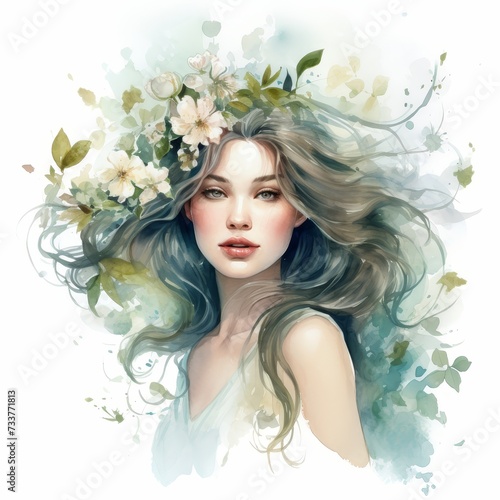 A watercolor illustration of a woman with flowing hair  her beauty accentuated by the delicate spring blossoms that adorn her. 