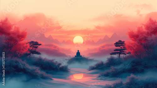 Mystical Sunrise Meditation Amidst Misty Mountains: A serene silhouette meditates at sunrise amidst misty mountains, surrounded by lush trees and reflective waters