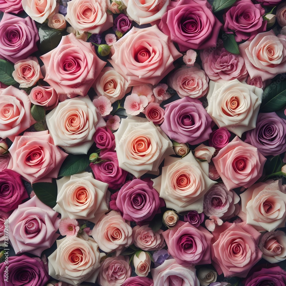 Background of beautiful pink and purple roses. Top view, flat lay. AI Generated Background of beautiful pink and purple roses. Top view, flat lay. AI Generated
