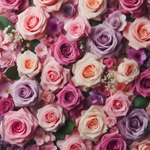 Background of beautiful pink and purple roses. Top view  flat lay. AI Generated