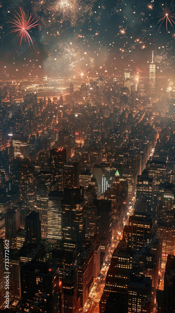 New York City Manhattan midtown skyline at night with firework .