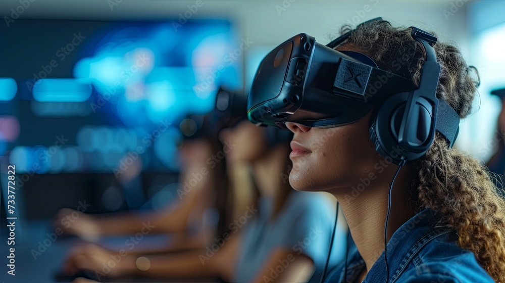 A student wearing virtual reality (VR) headsets is fully immersed in an ...