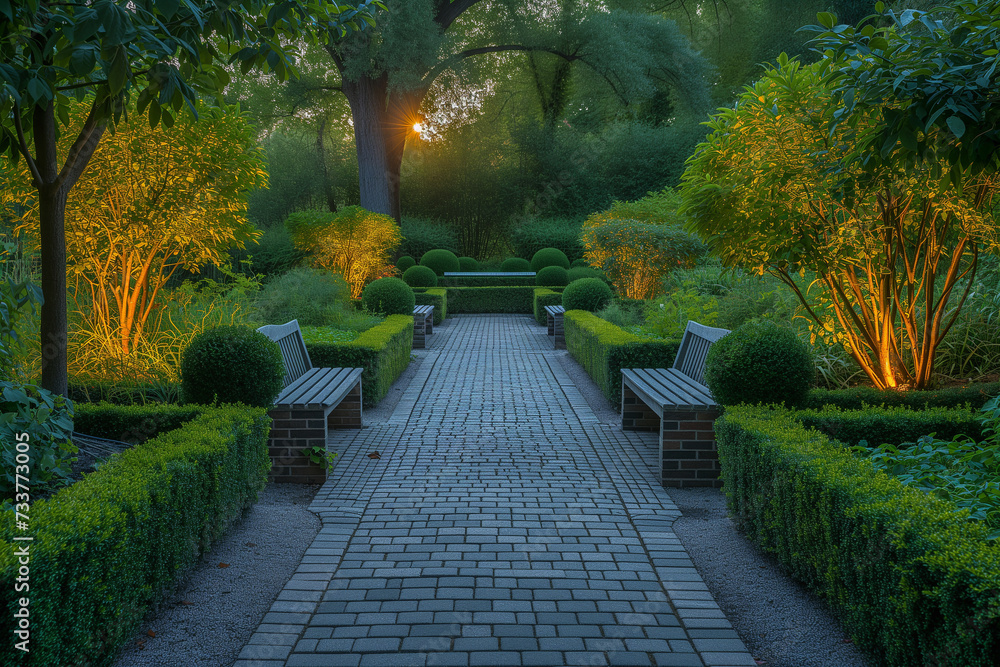 Obraz premium A beautiful green park with hedges at sunset