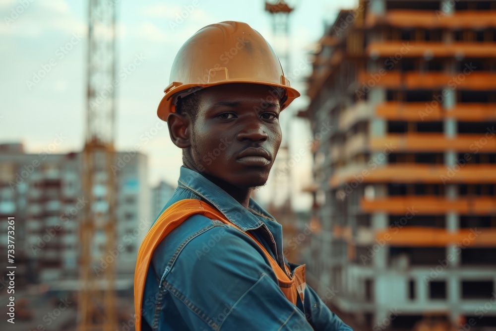 Black male construction worker in overall helmet near site with building work and looking at camera Black male construction worker in overall helmet near site with building work and looking at camera