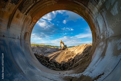 A powerful caterpillar excavator digs the ground against the blue sky. Earthworks with heavy equipment at the construction site. View from a large concrete pipe photo