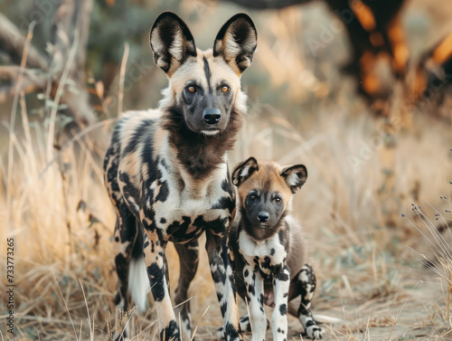 A wild dog pup and adult in a natural forest setting.