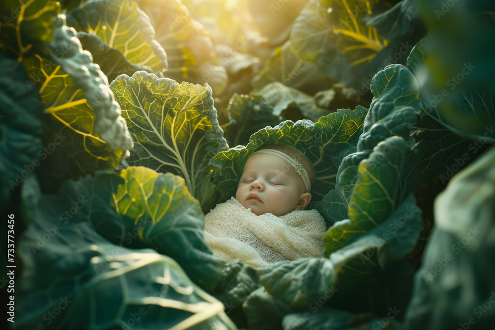 Cute newborn baby lying among cabbage heads in cabbage patch. Myths and